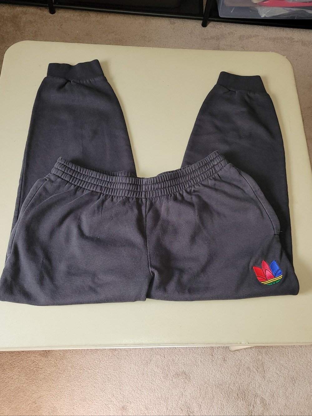 adidas Black Sweatpants with Multicolor Trefoil Logo. Size XL.